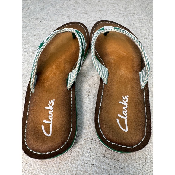 New Clarks Sandals‎ Flip Flops White Green Casual Nautical Shoes Womens Size 7M - Picture 2 of 5